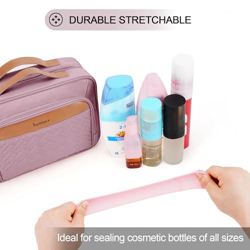 Travel Hanging Toiletry Bag for Women, Large Makeup Bag 8 Leak Proofing Silicone Bottle Covers, Waterproof Cosmetic Bag with Jewelry Organizer Compartment, Toiletries Kit Set, Purple - color: Dark Purple, size: Large*1 + Leak Proofing Bottle Covers*8