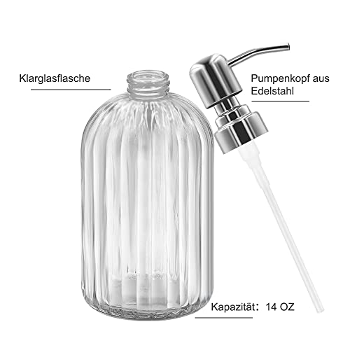 14 Oz Glass Soap Dispenser with 304 Rust Proof Stainless Steel Pump, Refillable Hand Liquid Soap Dispenser for Bathroom, Kitchen, Countertop, Laundry Room (White) - color: Clear