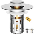 5-in-1 Bathroom Sink Stopper, 2 Pc Pop-Up Sink Drain Strainer with Removable Bascket, Anti-Clog Strainer, Odor Blocking & One-Way Flow Design, Brass & Stainless Steel All Metal Made, Fit 1.1"–2.36"