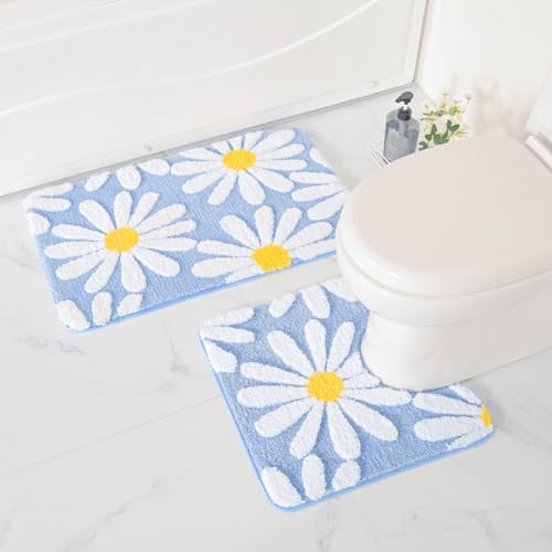 QJHOMO Blue Toilet Rugs U Shaped, Toilet Mat Cute Daisy Contour Bath Rug, Extra Thick Soft Machine Washable Toilet Carpet, Super Absorbent Microfiber Bathroom Floor Mats (20x20 inch) - color: Blue, size: 1'8" x 1'8" (U-Shape)