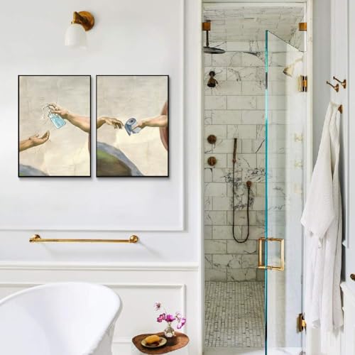 Laylwhq Bathroom Wall Art Retro Funny Hand Of God and Adam, 16 * 24in | 2 Pcs, Unframed, Humor Handwashing Fluid Toilet Paper Paintings - color: bathroom, size: 16"Wx24"Hx2