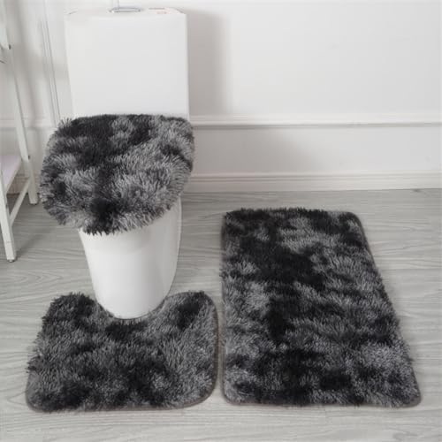 Bathroom Rugs Sets 3 Piece Thick Fluffy Soft Bathroom Rugs and U-Shaped Toilet Mat Washable Absorbent Floor Mat Black Gradient - color: Black Gradient