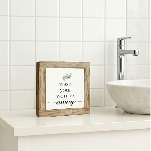 Bathroom sign, Wash Your Worries Away, Funny Restroom Room Shelf Decor, Inspirational Restroom Bathroom Decoration, Funny Toilet Washroom Wooden Box Sign Decor 5.9×5.9 inch - color: color27