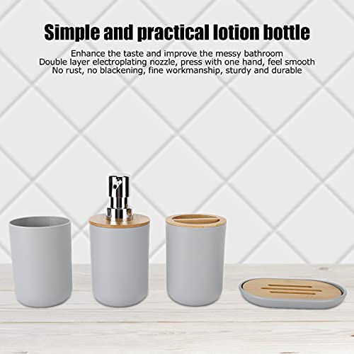 Set of 4 Complete Bathroom Accessories, Bathroom Set with Toothbrush Holder, Dish, Lotion Dispenser and Cup, in Plastic + Bamboo(Grey) - color: Grey