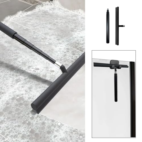 Telescopic Black Shower Squeegee for Glass Doors, Tile Shower Walls, and Bathroom - 13.19x43.13 Inch - Includes Suction Hook, Ideal Squeegee for Shower Glass