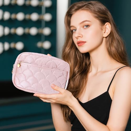 Noozion Makeup Bag Travel Toiletry Bag, Puffy Padded Cosmetic Bag for Women, Makeup Organizer Case, Wide-open Pouch Purse, Travel Essentials - color: Shiny Pink