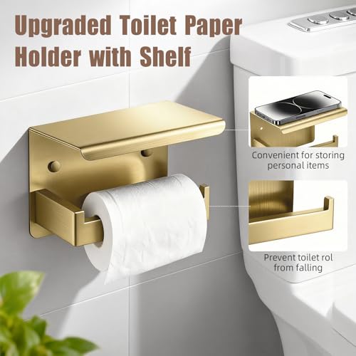 Brushed Gold Bathroom Accessories Hardware Set, 7-Pieces Stainless Steel Towel Racks for Bathroom, 16 Inch Towel Bar, Towel Holders, Updated Toilet Paper Holder with Shelf Wall Mounted - color: Gold, size: 7 Pieces
