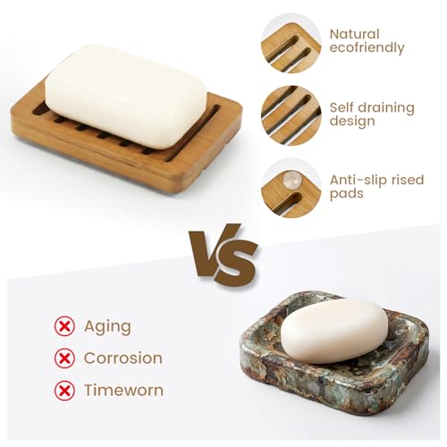 2-in-1 Soap Dish Combo Pack Includes 1 Bamboo Soap Holder and 1 Soap Bag, Slotted Wooden Soap Dish Self Draining, Shampoo Bar Tray for Shower, Bathroom, Countertop (Natural Brown Wood)
