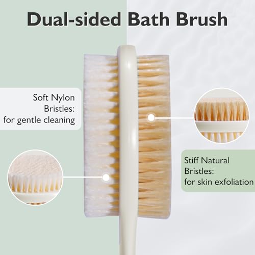 VANZAVANZU Back Scrubber for Shower, 17 Inch Long Handle Back Brush, Dual-Sided Bath Brush, Anti-Slip Handle Shower Brush for Wet or Dry Brushing (Cream White) - size: 17 in - Cream White