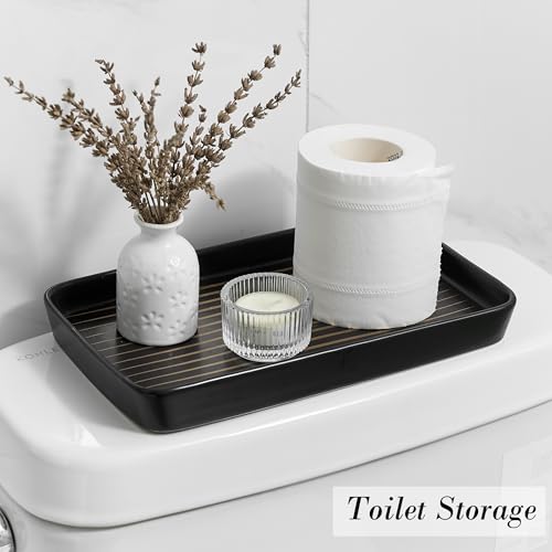 Bathroom Vanity Tray for Countertop,2PC Rectangle Striped Tray,Decorative Bathroom Organizer for Scrubber, Lotion Bottles, Perfume, Jewelry, Candle, Key Trinket Ring(Large,Black) - color: Black Color With Golden Stripes-2 Pcs Large