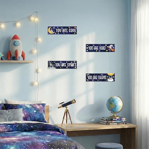 4Pcs Outer Space Wooden Wall Art Room Decor for Boys Astronaut Wall Art Set for Bedroom Bathroom Motivational Wooden Signs Navy Blue Galaxy Nursery home Decor for Toddler & Playroom - style: Outer Space