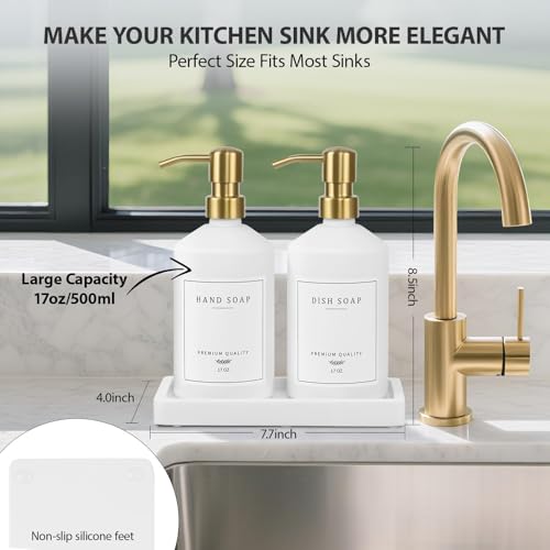 Gold Soap Dispenser Set, Glass Hand and Dish Soap Dispenser Set with Tray,Stainless Pump,14 Stickers for Kitchen,Bathroom Soap and Lotion Dispenser,Modern Counter Decor (White Bottle/Gold Pump) - color: White Bottle + Gold Pump