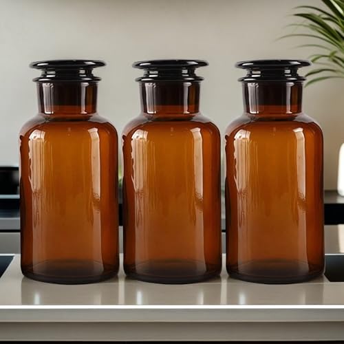 Lab Glass Storage Bottles with Lids, 3 Pcs 125ml Wide Mouth Glass Storage with Ground Stopper, Used for Lab, Home Decorative(Amber)