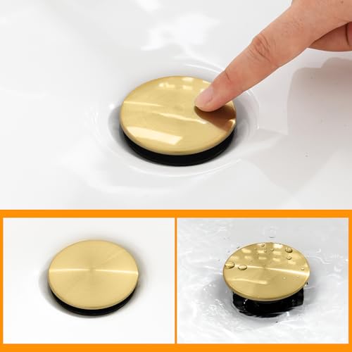 TIORIY Vessel Sink Drain Without Overflow, Plastic Bathroom Pop up Sink Drain Fit for 1 3/4 Inch Vessel Sink, Built-in Anti Clogging Sink Stopper, Brushed Gold - color: No Overflow Brushed Gold