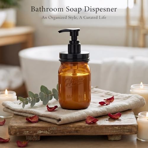 Amolliar Plastic Mason Jar Soap Dispenser with Pump Lid,16OZ Refillable Hand Soap Dispenser Set with Cute Lables - Farmhouse Decor for Kitchen Bathroom, Liquid Soap, Dish Soap, Lotion (2 Pack, Amber) - color: Amber Jar With Black Pump