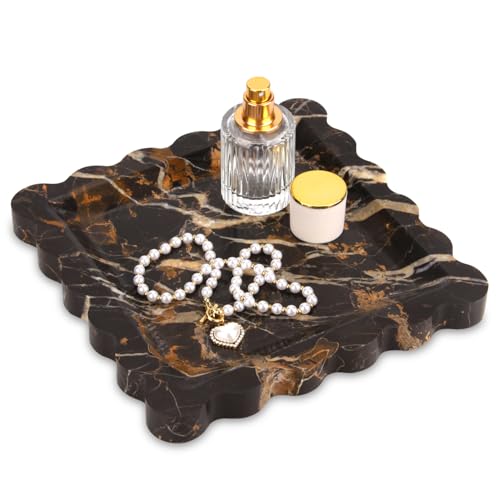 Square Marble Decorative Tray with Scalloped Edge,Luxury Natural Stone Bathroom Vanity Tray, Dresser Top Perfume Coffee Home Kitchen Toilet Sink Tray, Key Trinket Ring (Black Gold, 8 * 8) - color: Black Gold, size: 8" x 8" x 0.8"