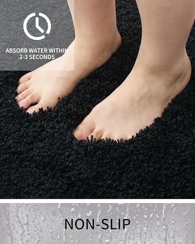 Bathroom Rugs Non Slip Washable, Ultra Thick Soft Microfiber Absorbent Bath Mats, High Density Foam Latex Non Slip Backing Bath Rugs, Fluffy Floor Carpet for Tub&Shower 24x17, Black - color: Black, size: 24" X 17"(Small Bathroom Rug)