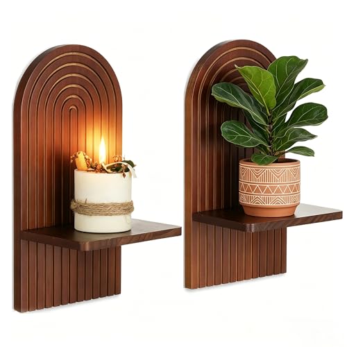 Mid Century Modern Candle Sconces: Set of 2 Walnut Boho Wall Candle Holder Decor for Living Room Fireplace - Arch Candle Shelf for Plants Pillar Candles - color: Walnut Color
