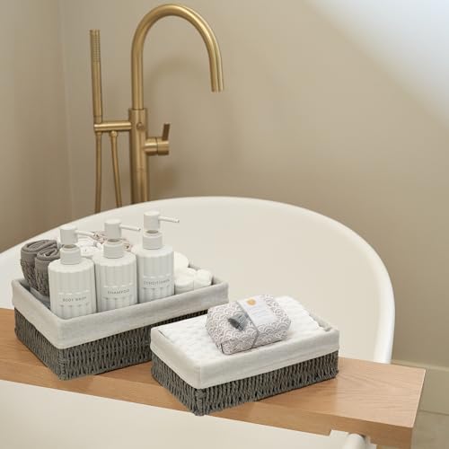 Beautiful Toilet Paper Storage Basket Set of 2 – Decorative Wicker Bathroom Organizer for Toilet Tank Trays - Quality Holder Bin for Shelves Fits Perfectly with Any Bathroom Decor - color: Grey