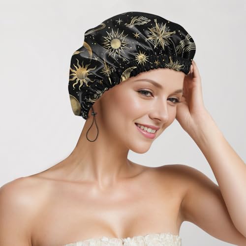 2 PCS Shower Cap Reusable Waterproof Adjustable Double Layer Elastic Dry Hair Bathing Caps Aesthetic Cute for Women Girls-Sun Moon Sunset - color: H-11-Sun Moon Sunset