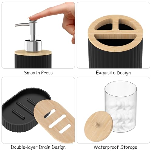 Bathroom Accessories Set 22 Pcs, Complete Bathroom Decor Set with Shower Curtain, Hooks, Waste Bin, Soap Dispenser, Toothbrush Holder, Black Bathroom Accessory Kit for Home Decor