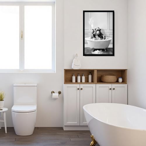Urmoya Funny Monkey Bath Bathroom Decor Canvas Wall Art 16x24 in | Wood frame, Black and white bathroom decor, Funny chimpanzee in bathtub, Canvas print, Ready to hang - color: Chimpanzee, size: 24"L x 16"W