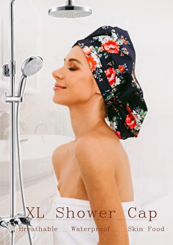 HIUMI Shower Cap for Women, Large Shower Cap for Long Hair Jumbo Adjustable Reusable Shower Caps Waterproof Bath Cap(Navy Blue) - color: navy blue