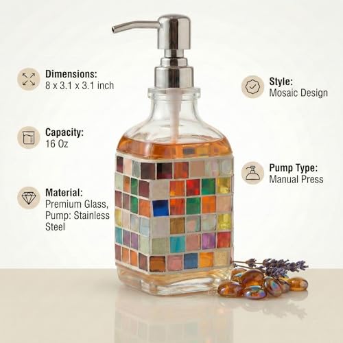BOPPIE Handcrafted Mosaic Glass Soap Dispenser, Modern Countertop Hand & Dish Soap Dispenser for Bathroom/Kitchen, Refillable Liquid Soap Bottle with Stainless Steel Rust Proof Pump (Mosaic Grid) - color: Mosaic Grid