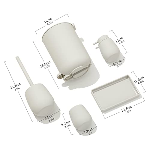 GAHEFY Small Beige White Bathroom Accessories Set with Mini Trash Can 3 Liter/0.8 Gallon,Toothbrush Holder,Soap Dispenser,Vanity Tray,Toilet Brush and Holder (Beige White 5pcs) - style: Beige white 5pcs
