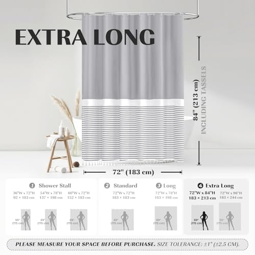 Seasonwood Extra Long Shower Curtains Modern Farmhouse Shower Curtain 72x84 Inch Grey Boho Fabric Weighted Shower Curtain for Bathroom Waterproof - color: Grey, size: 72"W x 84"L (Pack of 1)