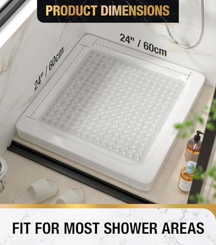 HITSLAM Shower Mat Anti Slip, Square Bath Mat for Tub Non Slip with Suction Cups and Drain Holes, 24x24 Inch Bathroom Shower Stall Floor Mat, Machine Washable, Soft on Feet, Clear - color: Clear, size: 24" x 24" (Square)