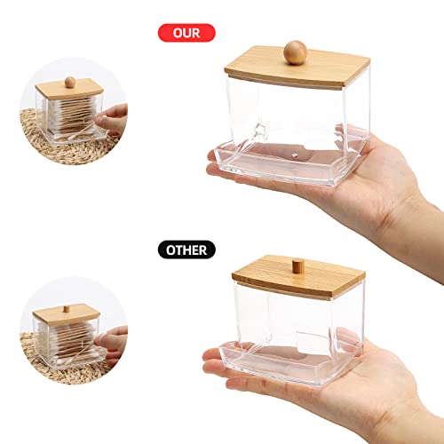 Tbestmax 2 Pack 10oz Qtip Holder Dispenser with Bamboo Lids, Big Clear Bathroom Organizer Accessories Decor for Storage-Qtips Cotton Ball Holder Apothecary Jars, Cotton Swabs, Floss Container - color: 2Pcs-Brown