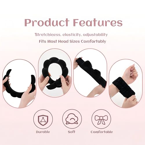 Spa Headband for Washwing Face Wristband Set, Black | Soft absorbent fabric, snug head-hugging fit for face washing, skincare, makeup, masks, travel, women and teen girls - color: Black