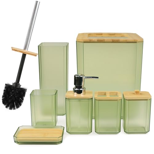 CERBIOR Bathroom Accessories Set 7 Piece Bath Ensemble Includes Soap Dispenser, Toothbrush Holder, Toothbrush Cup, Soap Dish for Decorative Countertop and Housewarming Gift (Green) - style: Green