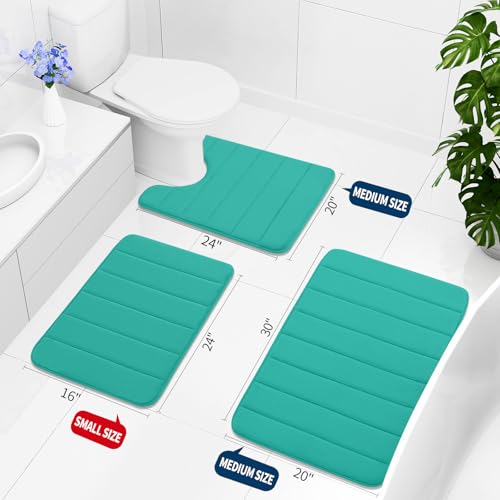 Buganda Memory Foam 3 Pieces Bathroom Rugs Set - Thick Soft Absorbent Bath Mats, Washable Small/Large/Contour Bath Rugs (24" x 16" + 30" x 20" + 24" x 20", Peacock Green) - color: Peacock Green, size: 24" X 16" + 30" X 20" + 24" X 20"