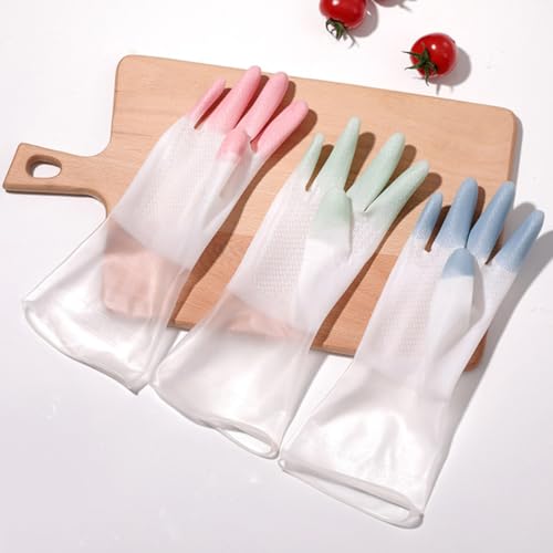 Yardwe Waterproof Anti-Slip Cleaning Gloves for Kitchen and Toilet, 3 Pairs Household Gloves Set in Pink Green Blue, Size S, Sturdy Home Cleaning Accessories