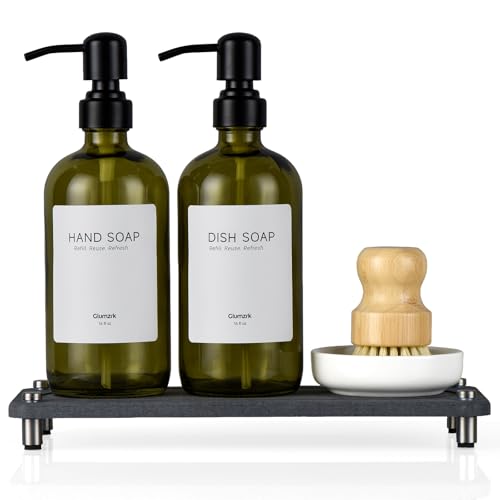 2 Pack Kitchen Soap Dispenser Set - 16oz Green Glass Dish and Hand Soap Dispenser with Stainless Steel Pump, Instant Dry Tray, Dish Brush & Holder, Refillable Countertop Sink Decor for Kitchen & Bath - color: Green