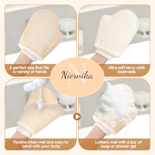 Natural Loofah Bath Mitts, 100% Plant-Based Loofah Gloves for Women and Men,Dye-Free,for face and Body-2 Count