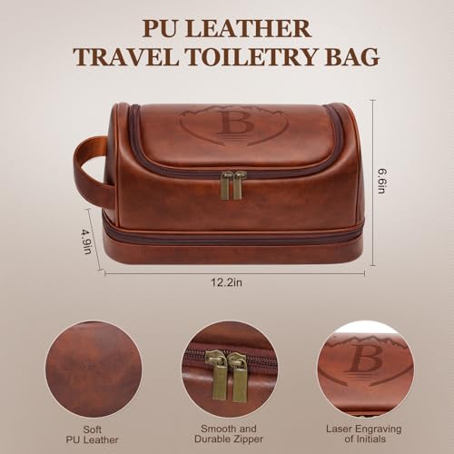 Customized Gifts Travel Leather Toiletry Bag for Mens, Engraved Name Initial PU Leather Waterproof Large Shaving Bag with Hooks, Unique Birthday Gifts for Him Men Dad Son Brother,B - style: B