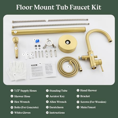 Free Standing Tub Faucet, Wintap Classic Freestanding Bathtub Faucet with Sprayer Brass Elegant Floor Mount Bath Faucets High Flow Roman Tub Filler, Brushed Gold （WT-3311BG） - color: Brushed Gold