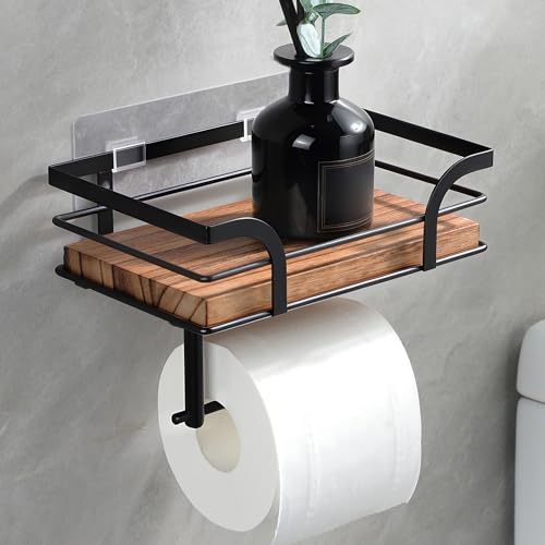 YIGII Rustic Farmhouse Toilet Paper Holder with Shelf - Wooden Tissue Paper Roll Holder, Bathroom Wall Mounted Toilet Paper Roll Holder with Wipes Storage, Black Metal - color: Black-2