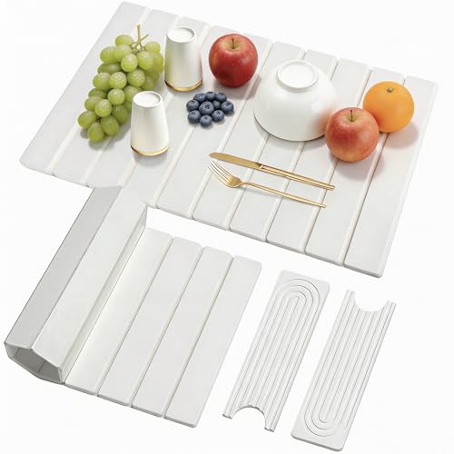 3PCS Set Large Stone Drying Mat for Kitchen Counter Foldable Collapsible Fast Drying Stone Dish Mat Water Absorbing Natural Diatomaceous Earth Bath Mat Quick Dry Stone Tray Bathroom Countertop, White - color: White