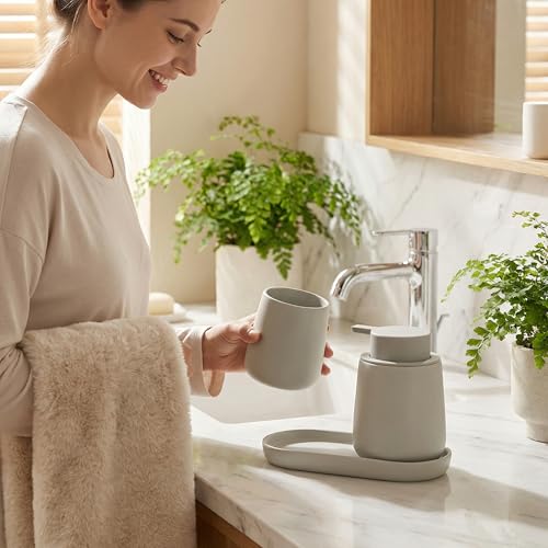 BosilunLife Ceramic Bathroom Accessories Set 3 Pcs, Foaming Soap Dispenser and Toothbrush Holder with Tray, Modern Farmhouse Vanity Decor, Light Grey Housewarming Gift - color: Light Grey, style: Foam