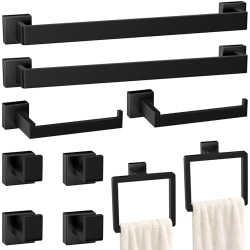 10-Pieces Matte Black Bathroom Accessories Set, Stainless Steel Bathroom Hardware Set, Towel Racks for Bathroom Wall Mounted 24 Inch Bath Towel Bar Set. - color: Matte Black, size: 24inch 10 Pieces