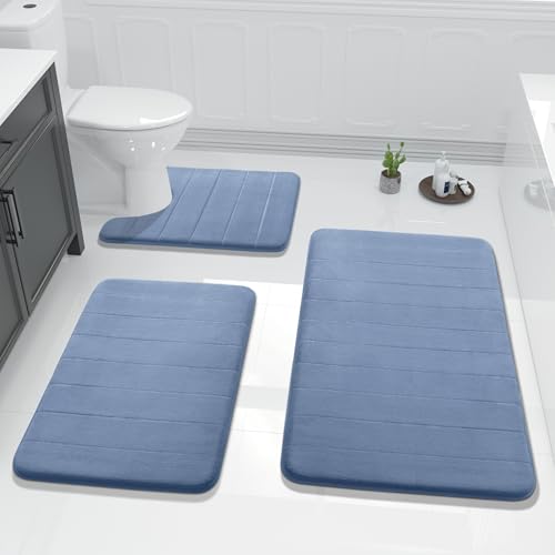 Yimobra 3 Pieces Memory Foam Bath Mat Set with U-Shaped Toilet Rug - Non Slip Super Soft Absorbent Quick Dry Bathroom Rugs for Bathtub, Vanity & Toilet Base, Denim Blue - color: Denim Blue, size: 44''x24'' + 31.5''x20'' + 24''x20''