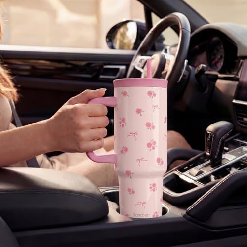SANDJEST Rose Stainless Steel Locking Lid Silicone Straw Tumbler with Handle 40oz, Floral Insulated Stainless Steel Travel Cup for Women Girls Friends, Gift Idea for Birthday Christmas - color: Rose
