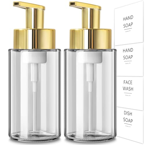 RYTOXILO Foaming Soap Dispenser, 10 oz/300ml Gold Soap Dispenser, 2 Pack Glass Foaming Hand Dispenser for Bathroom & Kitchen, Clear Refillable Foam Bottle with Waterproof Labels - color: Clear Bottle, size: 10 Fl oz with Gold Pump