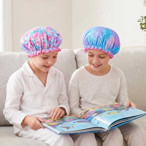 Olypegic Kids Shower Cap, 3 Pcs Girls Shower Cap for Kids Reusable Waterproof Adjustable Large Hair Cap Unicorn Mermaid Rainbow Cute Hair Cover Hat - color: Mermaid