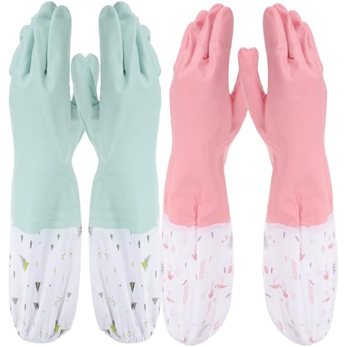 YARNOW Reusable Waterproof Flocked Thickened Rubber Gloves for Dishwashing and Household Cleaning, Large Size, Pink and Green, 4pcs Set, Insulated for Kitchen and Laundry Use