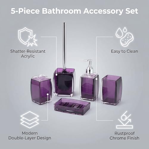 5 Pcs Purple Acrylic Bathroom Accessories Set Complete,Lotion/Soap Dispenser,Soap Dish,Toothbrush Holder, Tumbler,Toilet Brush and Holder,Modern Bathroom Decor and Housewarming Gift Set,Purple - color: Purple